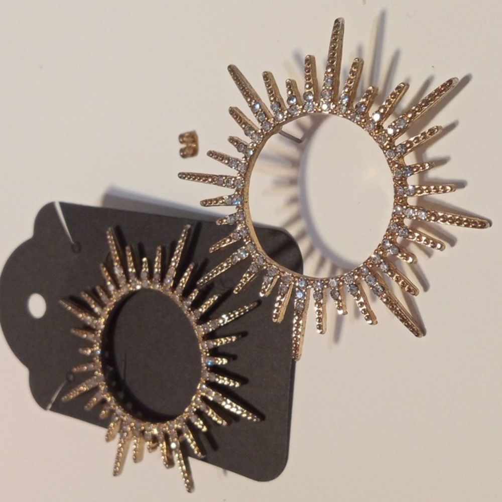 Gold Tone Spike Large Hoop Sunburst Circle Earrings Jewelry